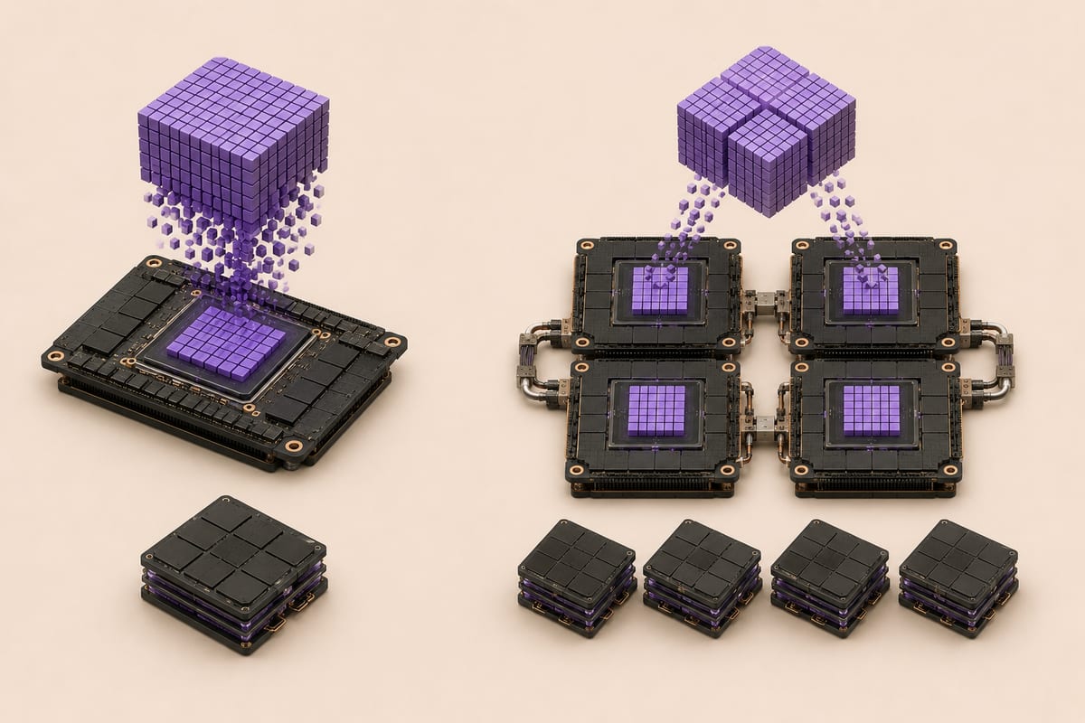 Workload flowing into one GPU versus sharded across four linked GPUs