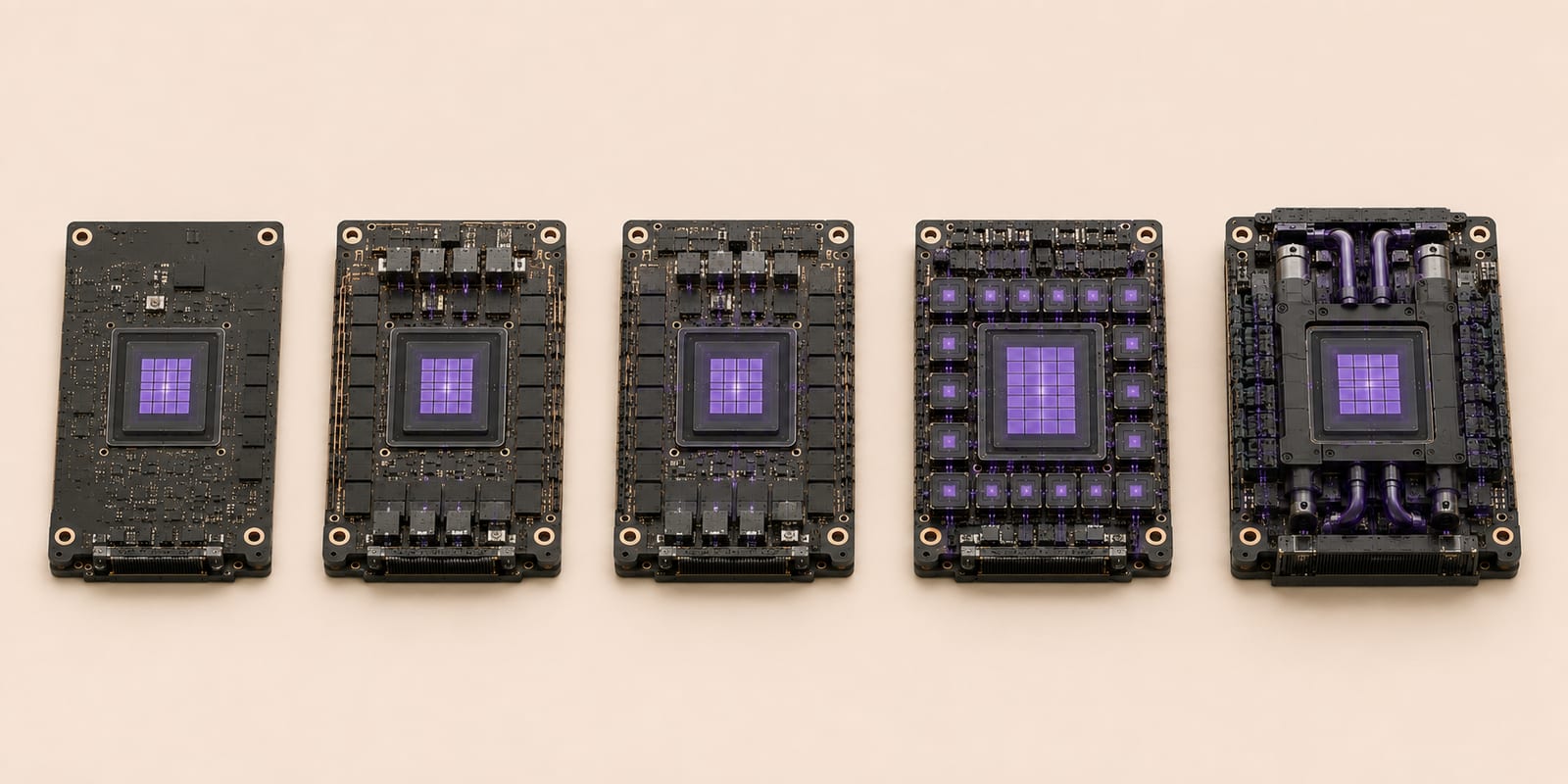 Five generations of GPU modules, from bare board to liquid-cooled flagship