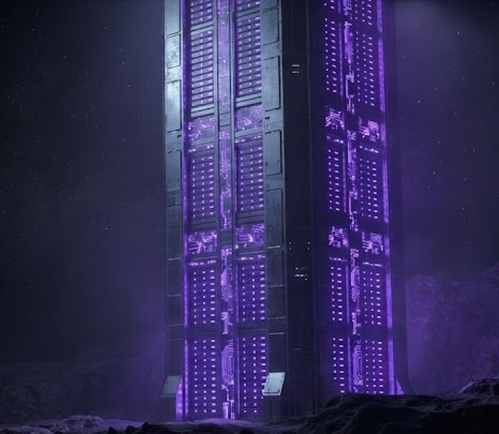 Tower of GPU compute racks glowing purple