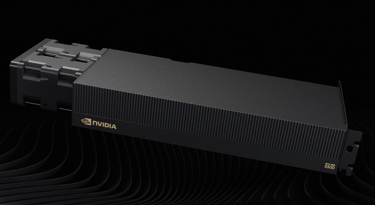 NVIDIA RTX PRO 5500 Blackwell Workstation Edition: a black dual-slot card with a fan module at the rear