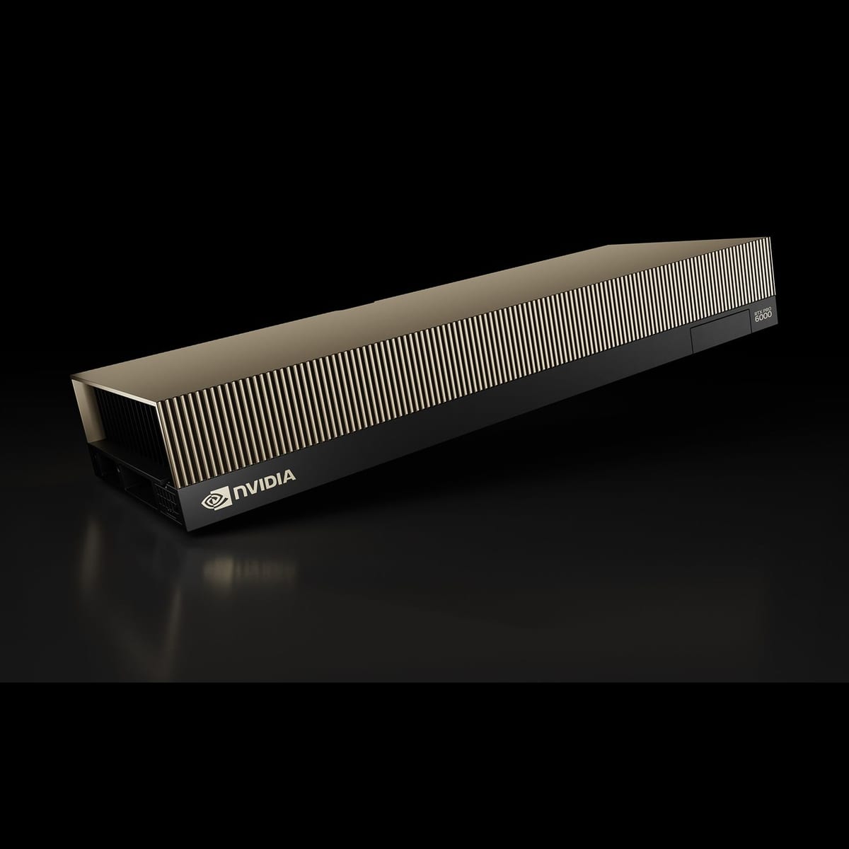 NVIDIA RTX PRO 6000 Blackwell Server Edition viewed from a low three-quarter angle on a black background with a soft reflection beneath it. The card is a long dual-slot passive design with a dark bronze shroud of fine horizontal fins, an open rectangular air inlet at the near end, no fans and a small NVIDIA badge on the side.
